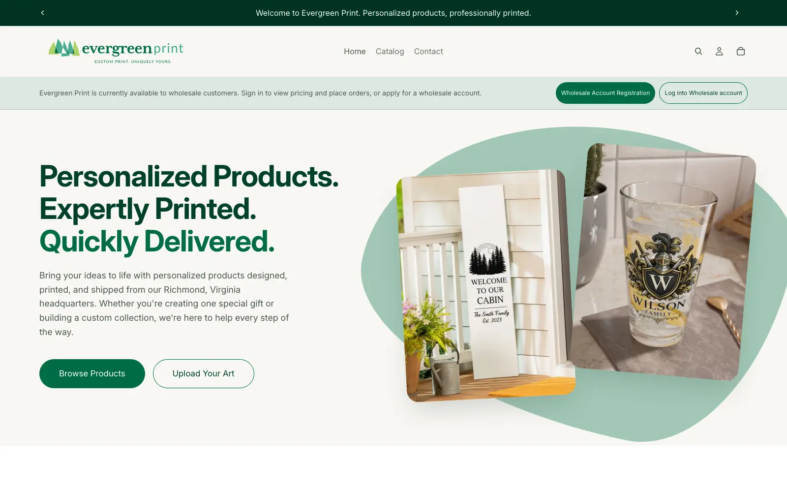 The Evergreen Print home page, with its green logo and the headline Personalized Products. Expertly Printed. Quickly Delivered.