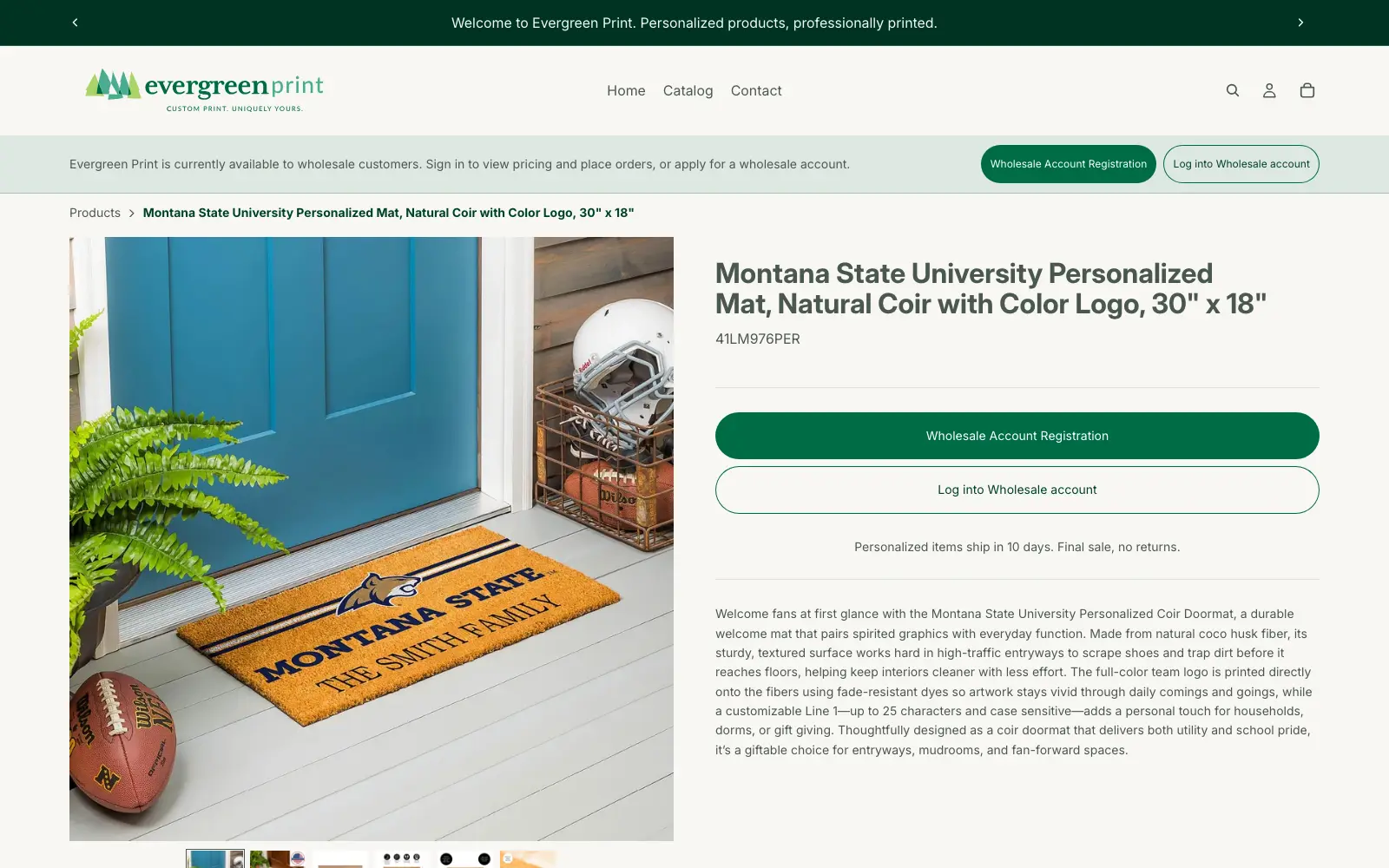 An Evergreen Print product page for a personalized coir doormat, with product images and a wholesale login prompt in place of pricing