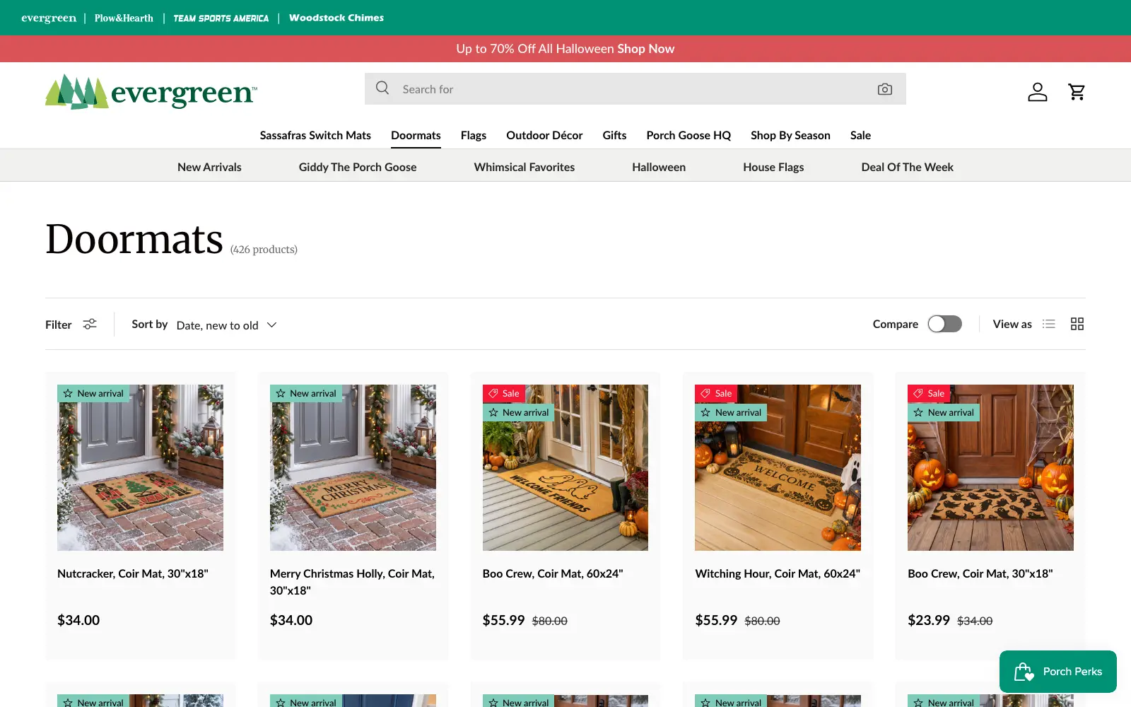 A My Evergreen doormats collection page with filters above a grid of seasonal mats
