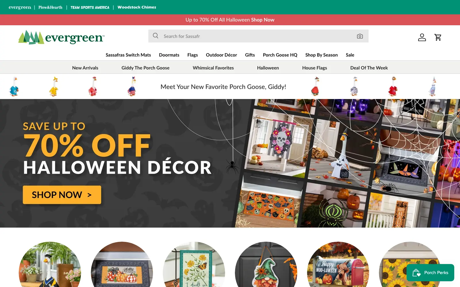 The My Evergreen home page, with its green logo, seasonal sale banner, and a gallery of mats and flags