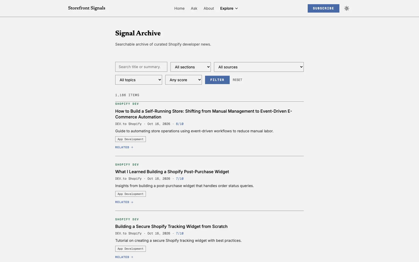 The Storefront Signals archive page, with filters for section, source, topic, and score above a list of archived items