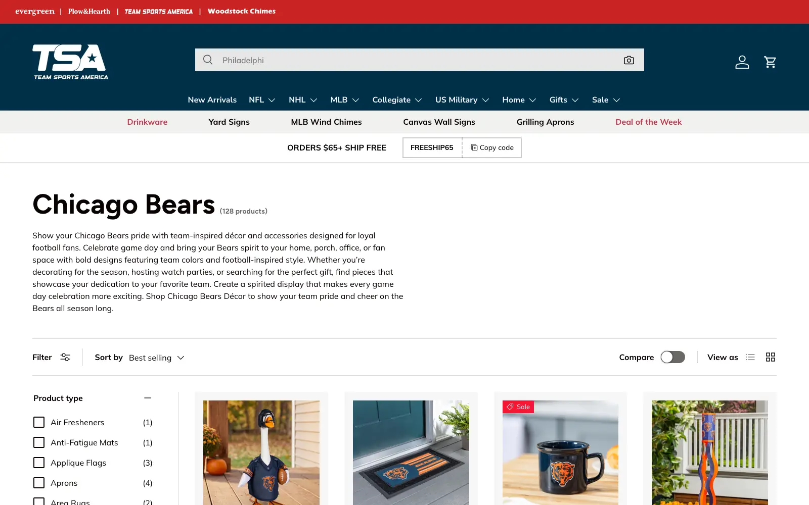 A Team Sports America team collection page with faceted filters beside a grid of product cards