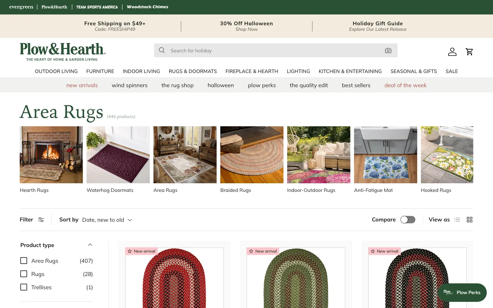 A Plow & Hearth collection page with filters for product type, price, and season beside a grid of product cards
